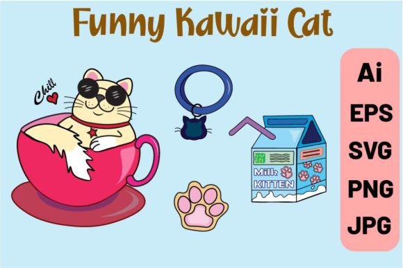 Cute Kawaii Funny Cat Vector Cliparts for Graphics and Illustrations