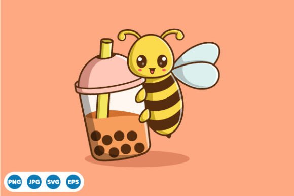 Vector Cute Bee Boba Tea Illustration for Local Business Graphics